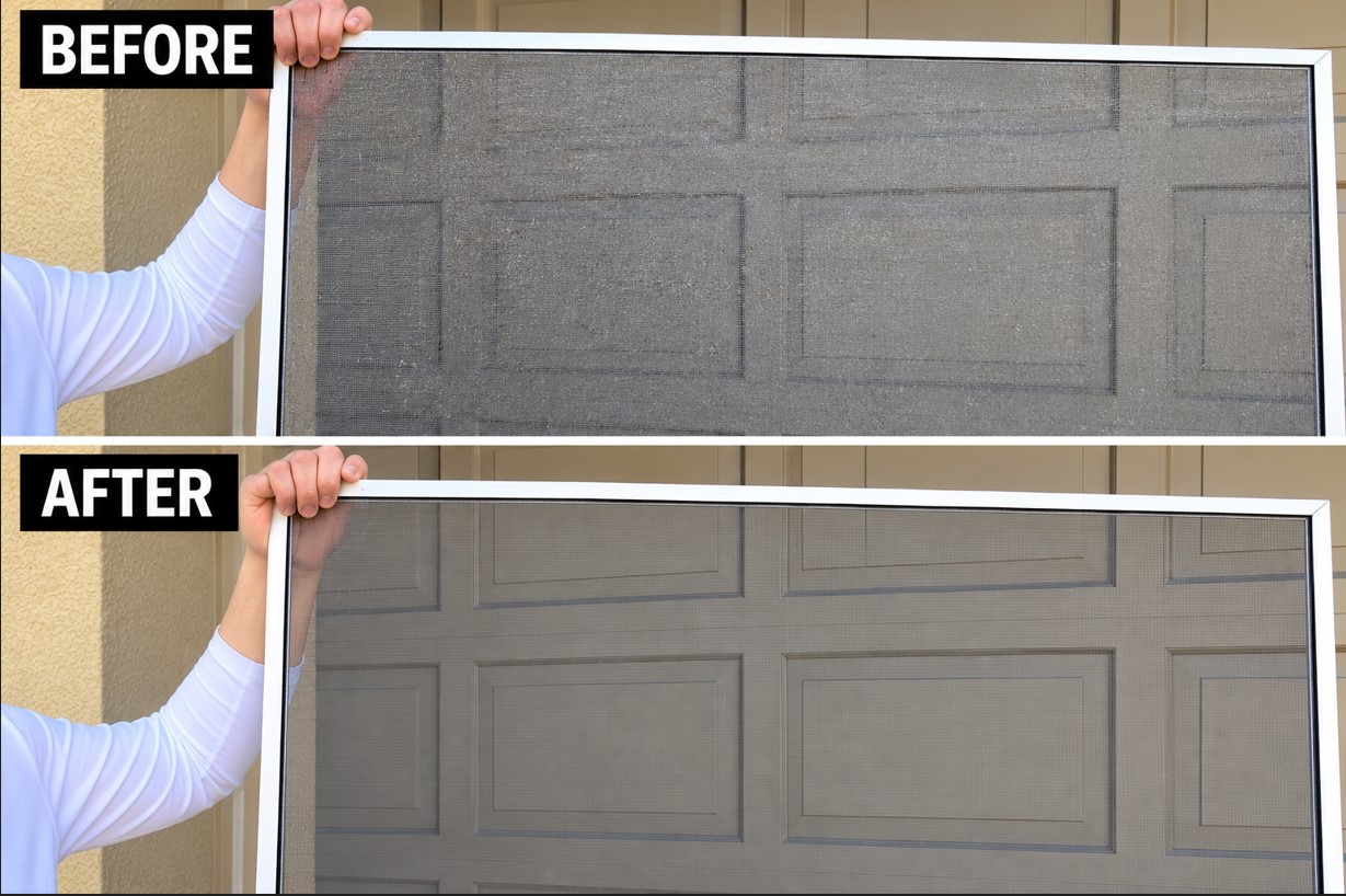 Before and after window screen repair in Orange County, CA